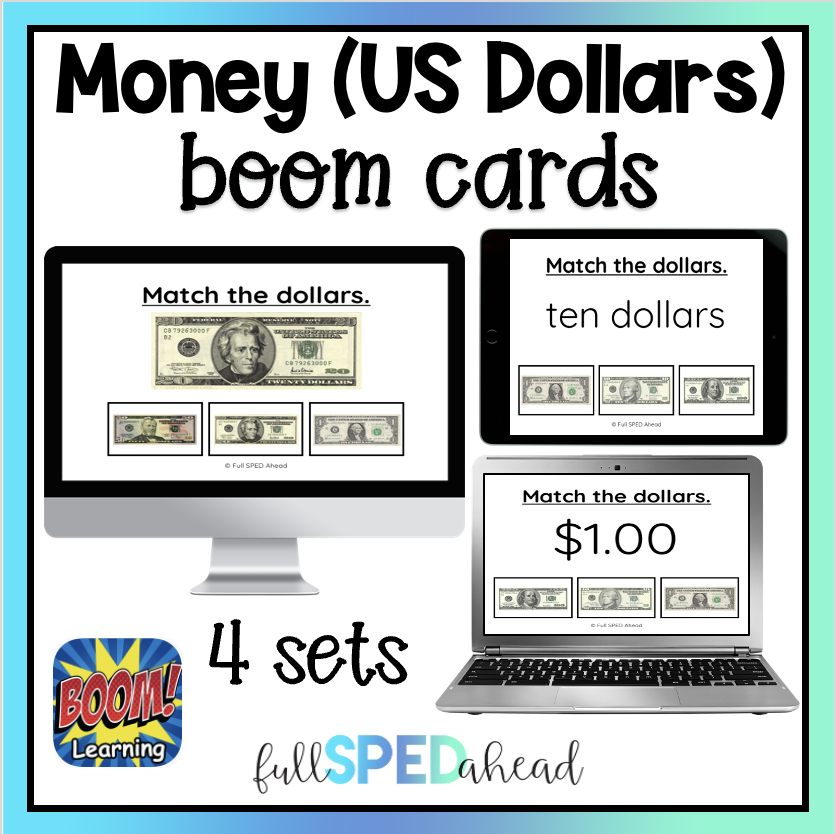 Dollars Identification boom cards to teach money skills