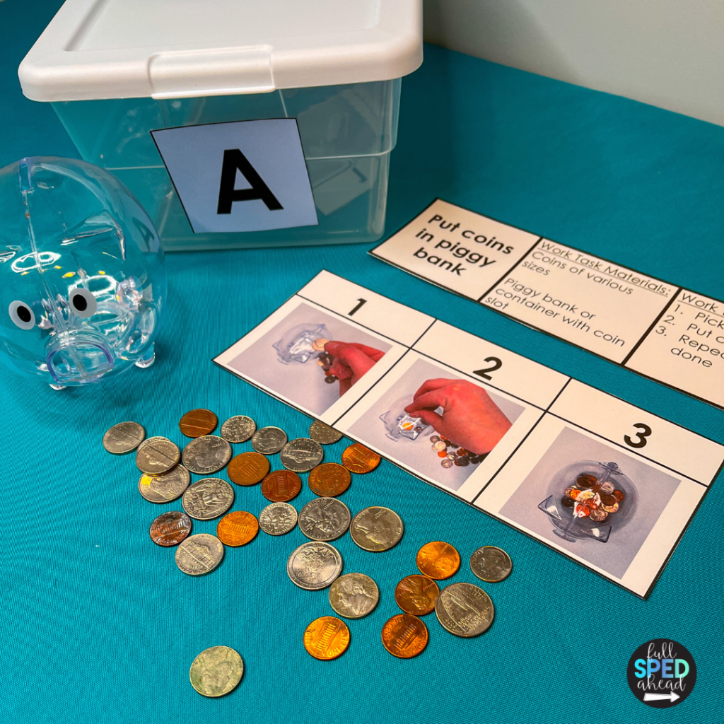 A picture of an independent work stations for putting coins in a piggy bank
