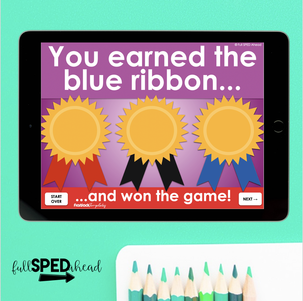 An iPad that says "You earned the blue ribbon..." with a red, black and blue ribbon shown. Below the ribbons, "...and won the game!