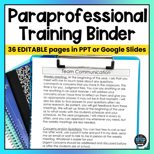 Paraprofessional Binder Editable Para Binder Autism Special Education Classroom