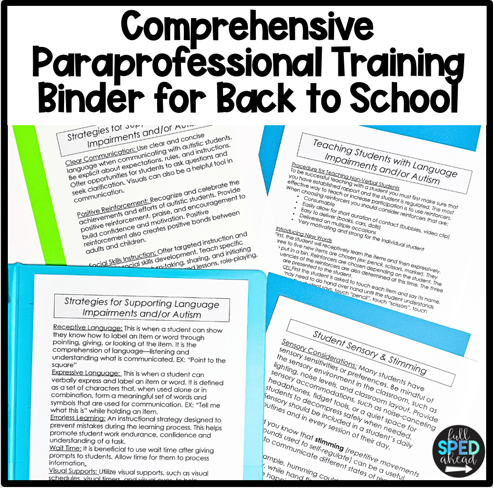 Comprehensive Paraprofessional Training Binder for Back to School